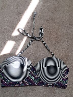Striped Black & White Bandeau Bikini Top with Colorful Tribal Trim